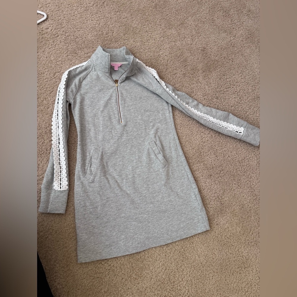 Lilly Pulitzer Skipper Solid Popover Dress Heathered Seaside Grey Lace Size XS - Picture 9 of 15